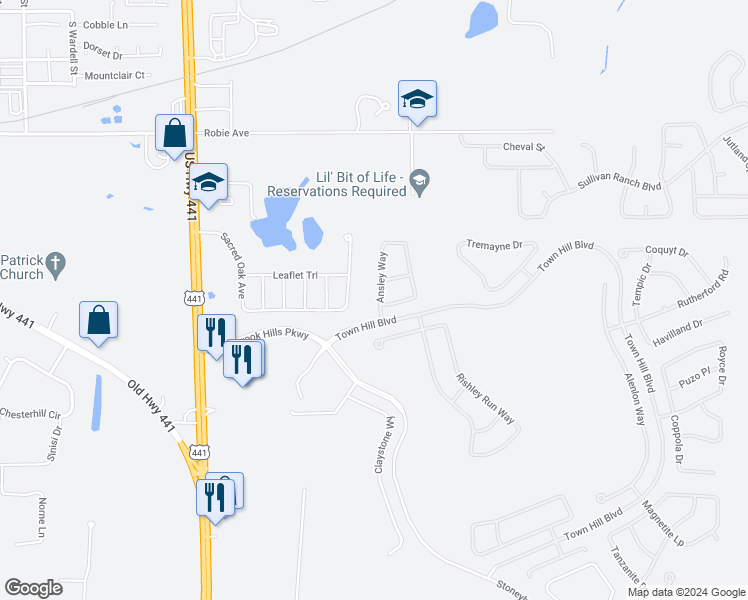 map of restaurants, bars, coffee shops, grocery stores, and more near 5524 Ansley Way in Mount Dora