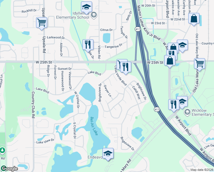 map of restaurants, bars, coffee shops, grocery stores, and more near 2518 Dwyer Lane in Lake Mary