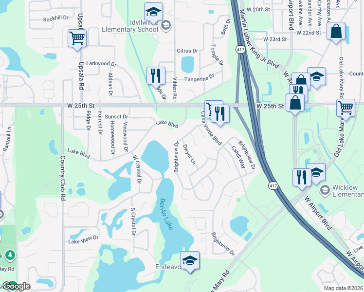 map of restaurants, bars, coffee shops, grocery stores, and more near 2518 Dwyer Lane in Lake Mary