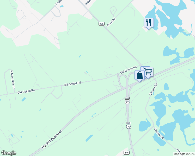 map of restaurants, bars, coffee shops, grocery stores, and more near 460 Old Goliad Road in Victoria