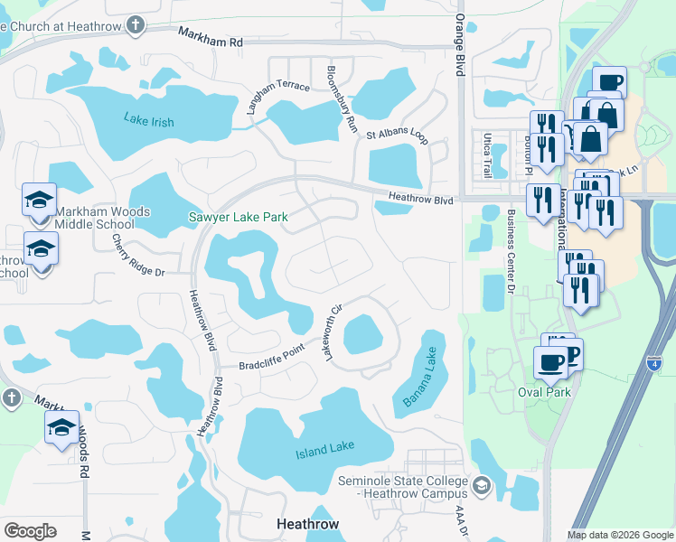 map of restaurants, bars, coffee shops, grocery stores, and more near 991 Ridgemount Place in Lake Mary
