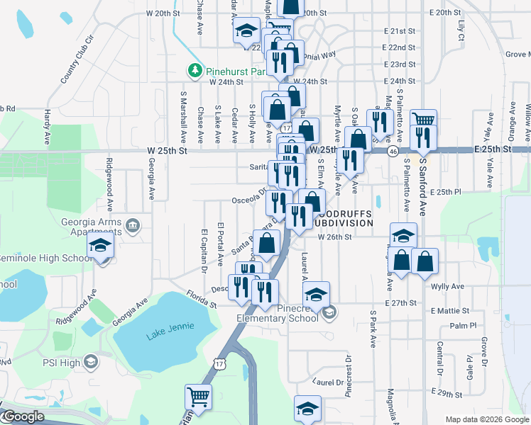 map of restaurants, bars, coffee shops, grocery stores, and more near 2532 Hiawatha Avenue in Sanford