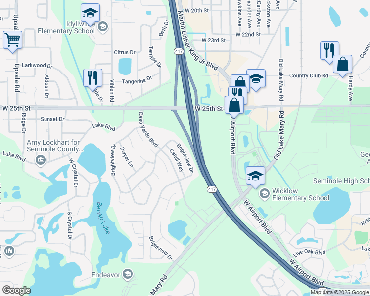 map of restaurants, bars, coffee shops, grocery stores, and more near 503 Brightview Drive in Lake Mary