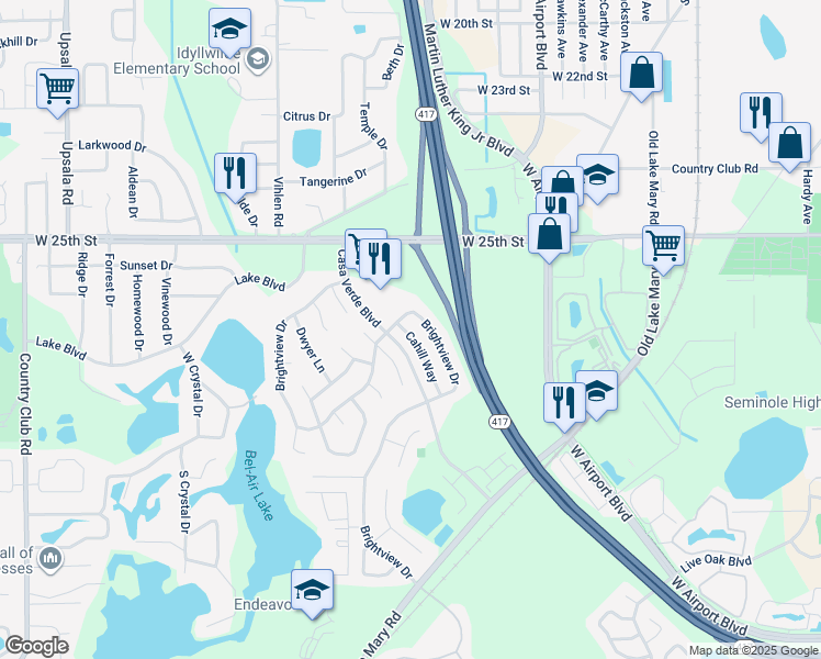 map of restaurants, bars, coffee shops, grocery stores, and more near 2635 Cahill Way in Lake Mary