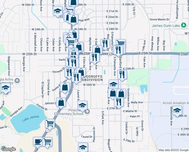 map of restaurants, bars, coffee shops, grocery stores, and more near 2531 South Oak Avenue in Sanford
