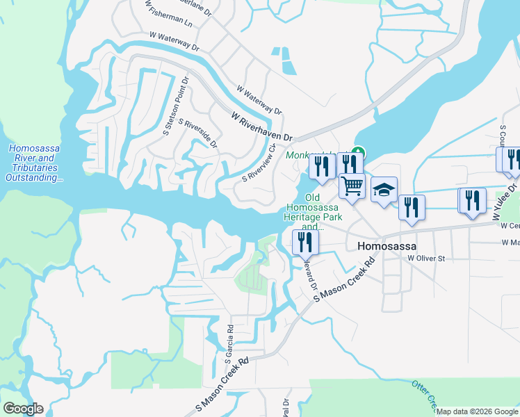 map of restaurants, bars, coffee shops, grocery stores, and more near 5256 South Riverview Circle in Homosassa