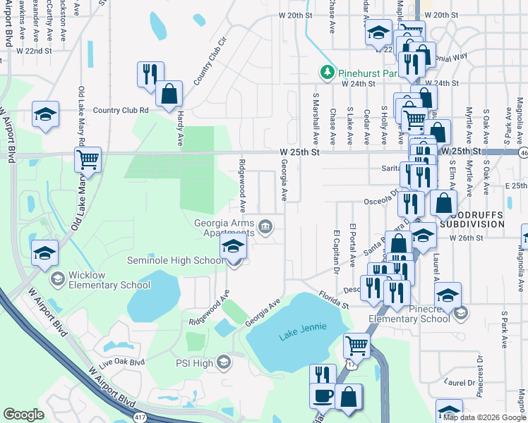 map of restaurants, bars, coffee shops, grocery stores, and more near 2553 Clairmont Avenue in Sanford