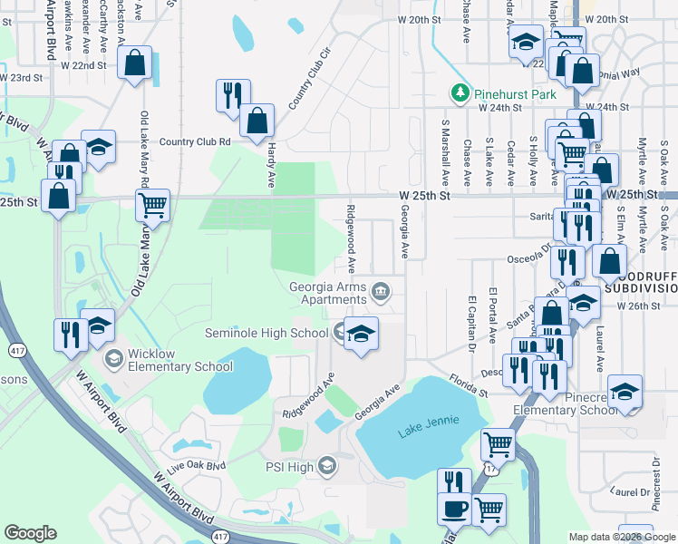 map of restaurants, bars, coffee shops, grocery stores, and more near 1708 Ridgewood Lane in Sanford