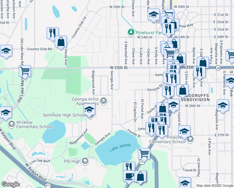 map of restaurants, bars, coffee shops, grocery stores, and more near A Hartwell Avenue in Sanford