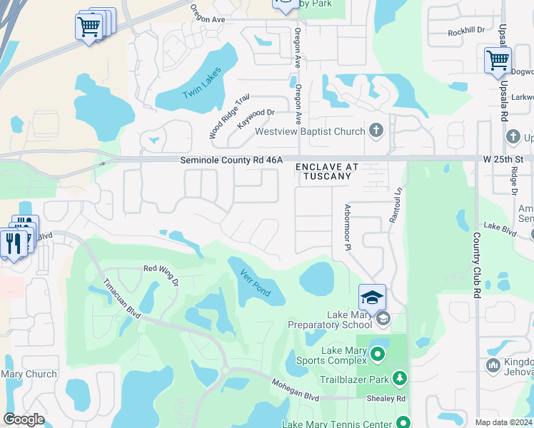 map of restaurants, bars, coffee shops, grocery stores, and more near 327 Pine Shadow Lane in Lake Mary