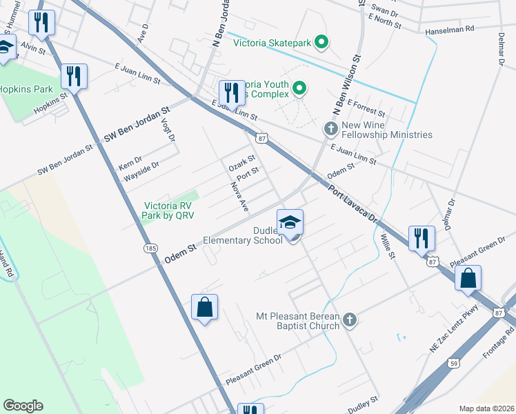 map of restaurants, bars, coffee shops, grocery stores, and more near 2510 Odem Street in Victoria