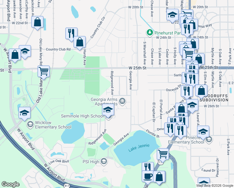 map of restaurants, bars, coffee shops, grocery stores, and more near 2554 Clairmont Avenue in Sanford