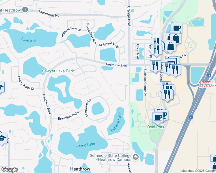 map of restaurants, bars, coffee shops, grocery stores, and more near 1118 Broadgate Lane in Lake Mary
