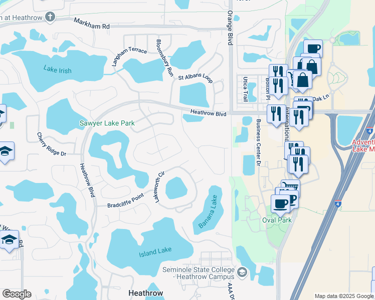 map of restaurants, bars, coffee shops, grocery stores, and more near 1118 Broadgate Lane in Lake Mary