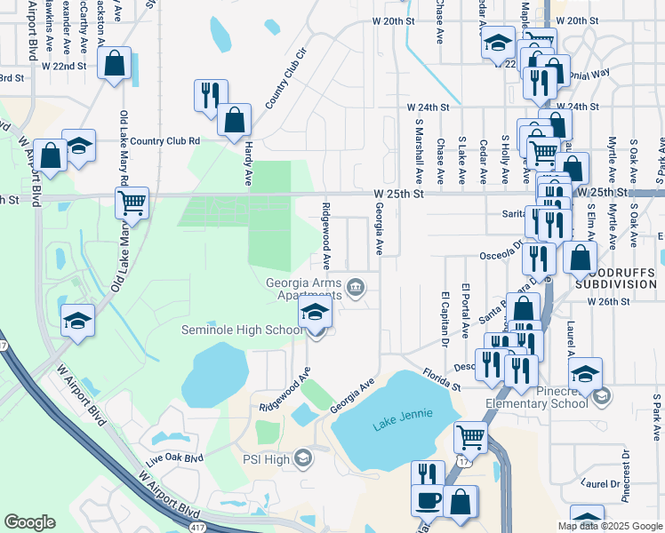 map of restaurants, bars, coffee shops, grocery stores, and more near 2547 Ridgewood Avenue in Sanford