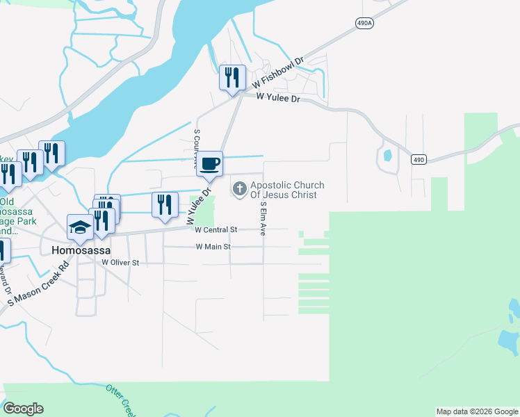 map of restaurants, bars, coffee shops, grocery stores, and more near 5360 South Elm Avenue in Homosassa
