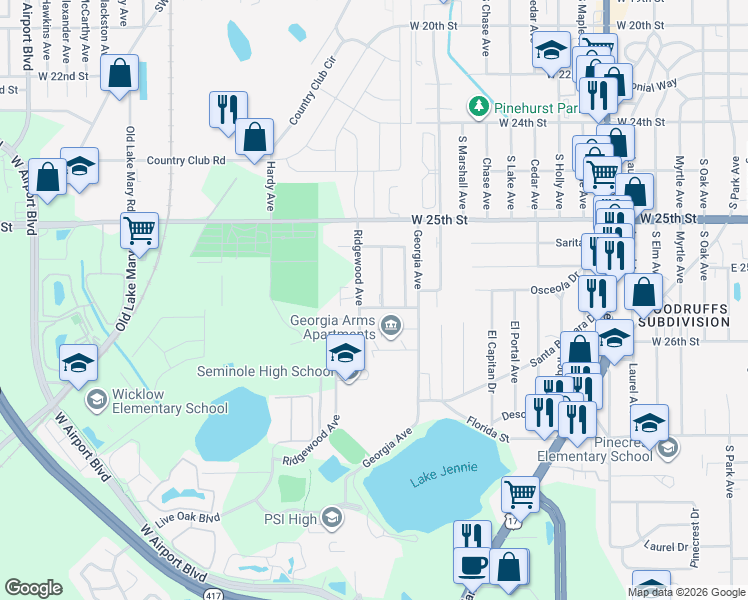 map of restaurants, bars, coffee shops, grocery stores, and more near 2550 Clairmont Avenue in Sanford