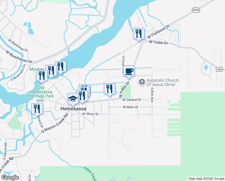 map of restaurants, bars, coffee shops, grocery stores, and more near 10586 West Bresler Court in Homosassa