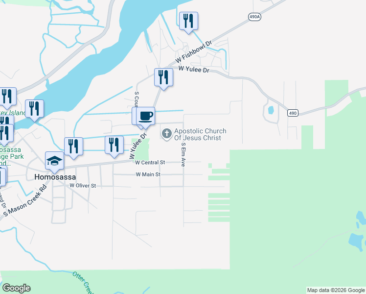 map of restaurants, bars, coffee shops, grocery stores, and more near 5360 South Elm Avenue in Homosassa
