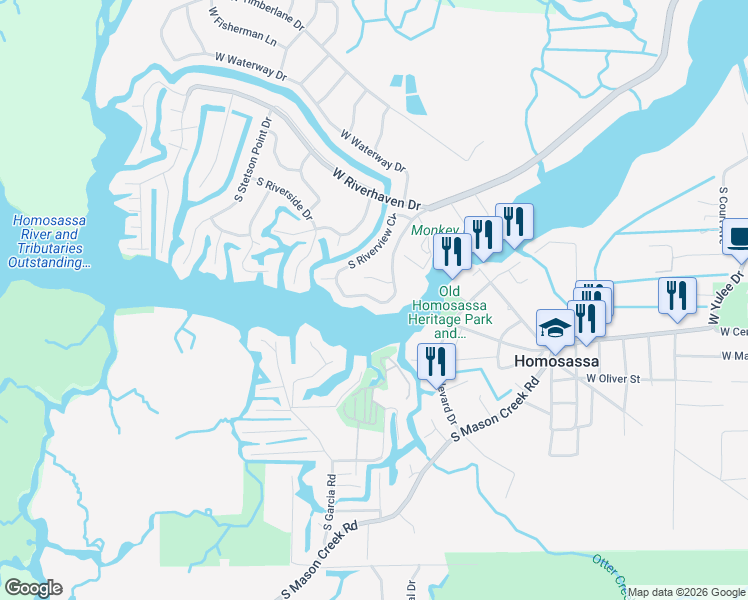 map of restaurants, bars, coffee shops, grocery stores, and more near 5256 South Riverview Circle in Homosassa