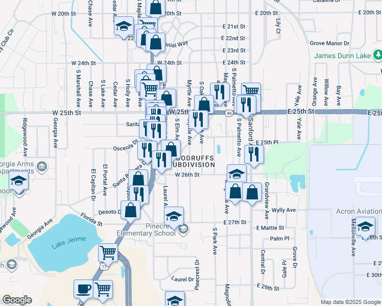 map of restaurants, bars, coffee shops, grocery stores, and more near 8 Myrtle Avenue in Sanford