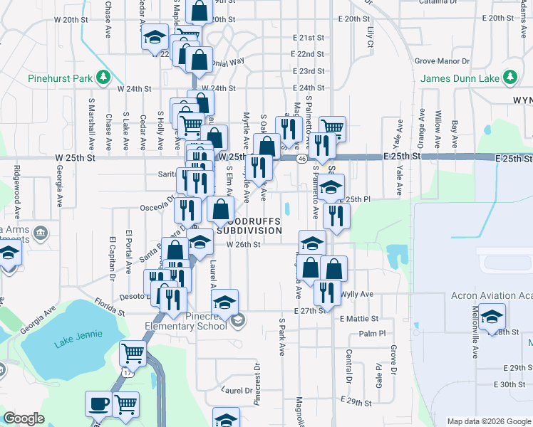 map of restaurants, bars, coffee shops, grocery stores, and more near 2531 South Oak Avenue in Sanford
