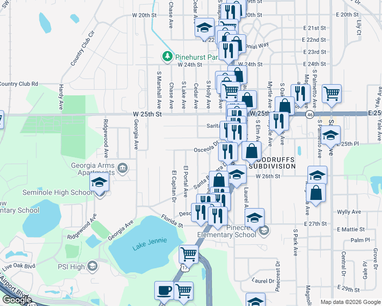 map of restaurants, bars, coffee shops, grocery stores, and more near 2521 Mohawk Avenue in Sanford