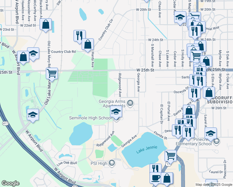 map of restaurants, bars, coffee shops, grocery stores, and more near 403 Terrace Court in Sanford