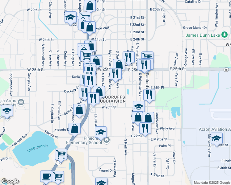 map of restaurants, bars, coffee shops, grocery stores, and more near 2522 South Oak Avenue in Sanford