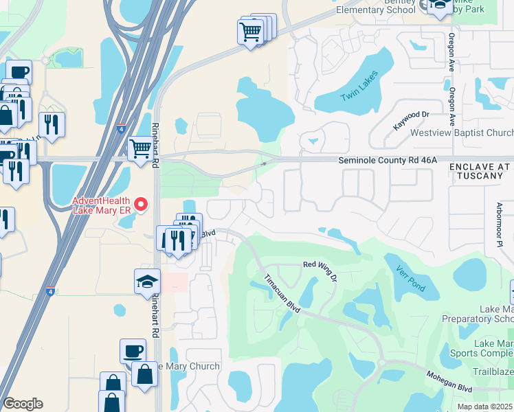 map of restaurants, bars, coffee shops, grocery stores, and more near 734 Centenary Loop in Lake Mary