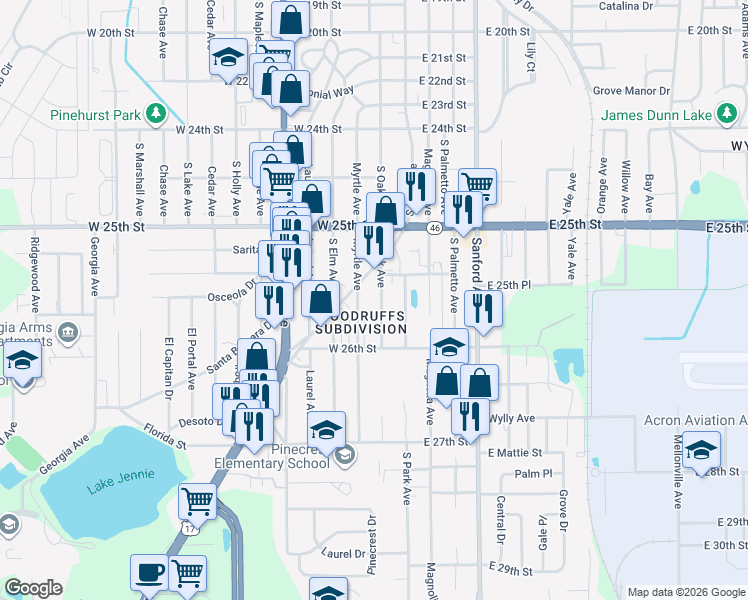 map of restaurants, bars, coffee shops, grocery stores, and more near 2531 South Oak Avenue in Sanford