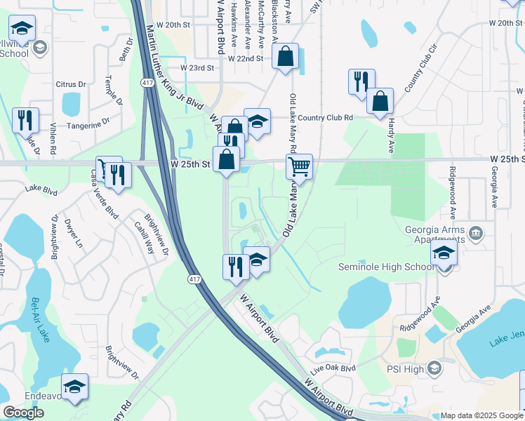 map of restaurants, bars, coffee shops, grocery stores, and more near 1027 Windridge Circle in Sanford