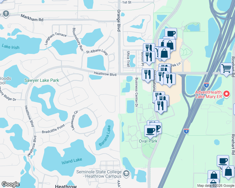 map of restaurants, bars, coffee shops, grocery stores, and more near 894 Sherbourne Circle in Lake Mary