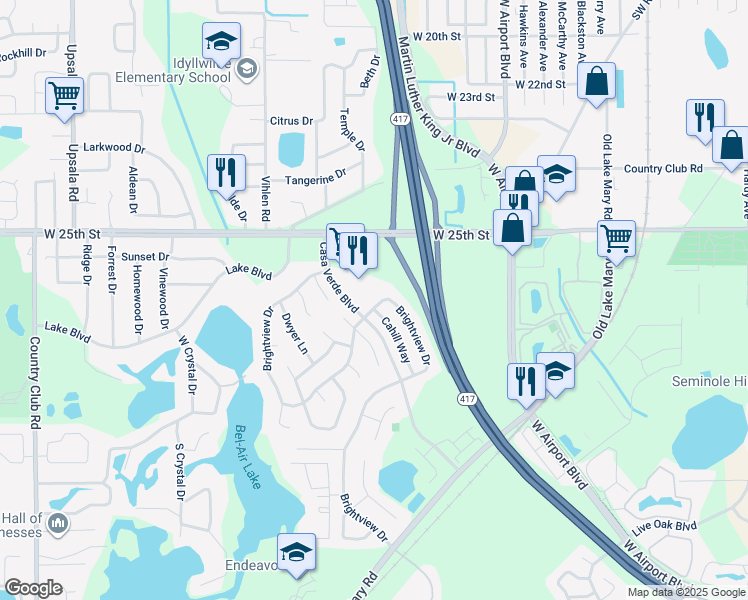 map of restaurants, bars, coffee shops, grocery stores, and more near 2635 Cahill Way in Lake Mary