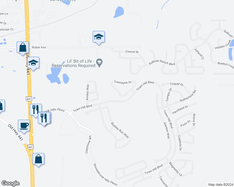 map of restaurants, bars, coffee shops, grocery stores, and more near 6042 Tremayne Drive in Mount Dora