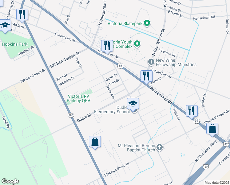 map of restaurants, bars, coffee shops, grocery stores, and more near 2510 Odem Street in Victoria