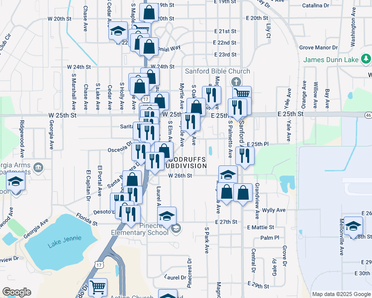 map of restaurants, bars, coffee shops, grocery stores, and more near 8 Myrtle Avenue in Sanford