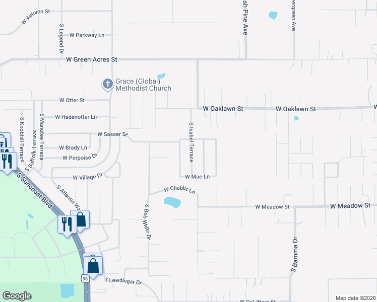 map of restaurants, bars, coffee shops, grocery stores, and more near 5389 South Marsha Terrace in Homosassa