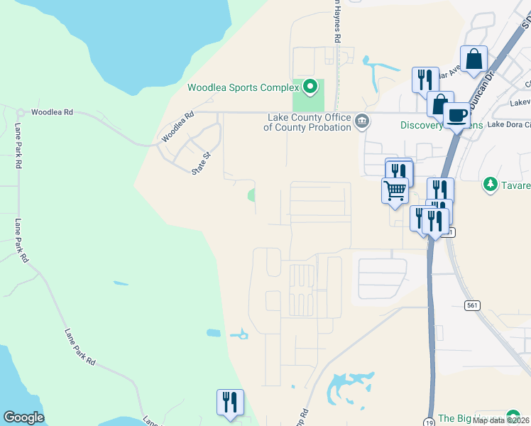 map of restaurants, bars, coffee shops, grocery stores, and more near 11820 Woodlea Road in Tavares