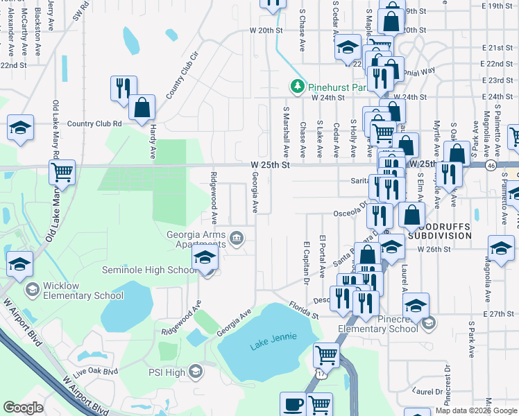 map of restaurants, bars, coffee shops, grocery stores, and more near 2525 Georgia Avenue in Sanford