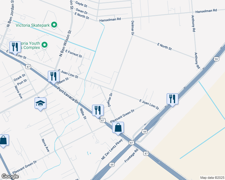 map of restaurants, bars, coffee shops, grocery stores, and more near 101 Delmar Drive in Victoria