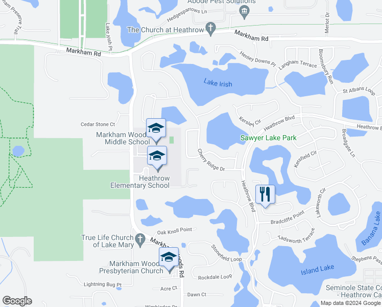 map of restaurants, bars, coffee shops, grocery stores, and more near 1590 Cherry Lake Way in Lake Mary