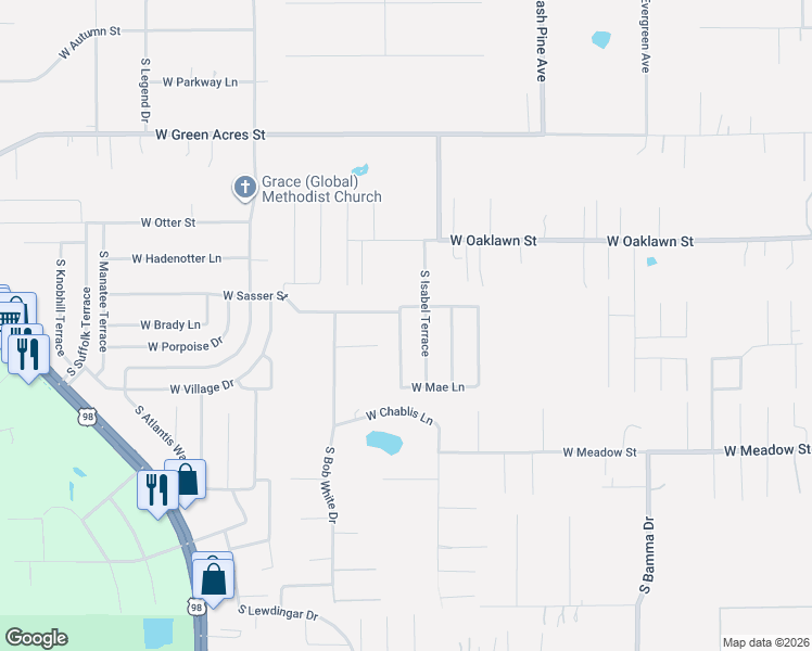 map of restaurants, bars, coffee shops, grocery stores, and more near 5279 South Marsha Terrace in Homosassa