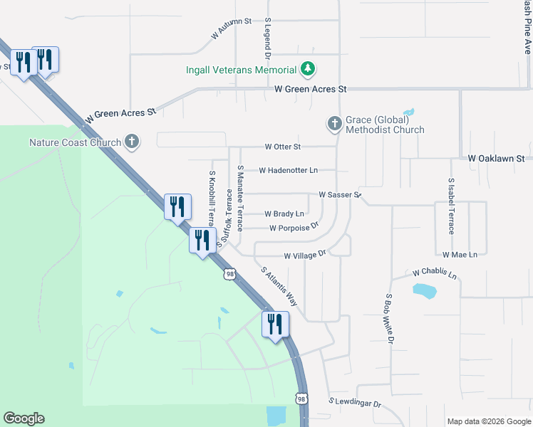 map of restaurants, bars, coffee shops, grocery stores, and more near 7329 West Brady Lane in Homosassa