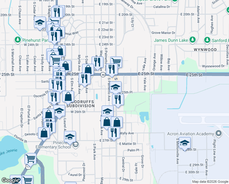 map of restaurants, bars, coffee shops, grocery stores, and more near 2535 South Palmetto Avenue in Sanford