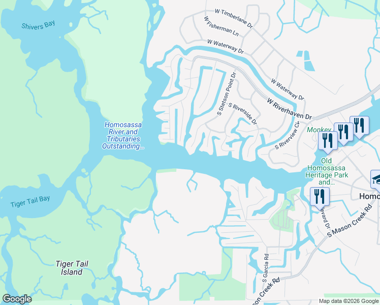 map of restaurants, bars, coffee shops, grocery stores, and more near 5275 South Stetson Point Drive in Homosassa
