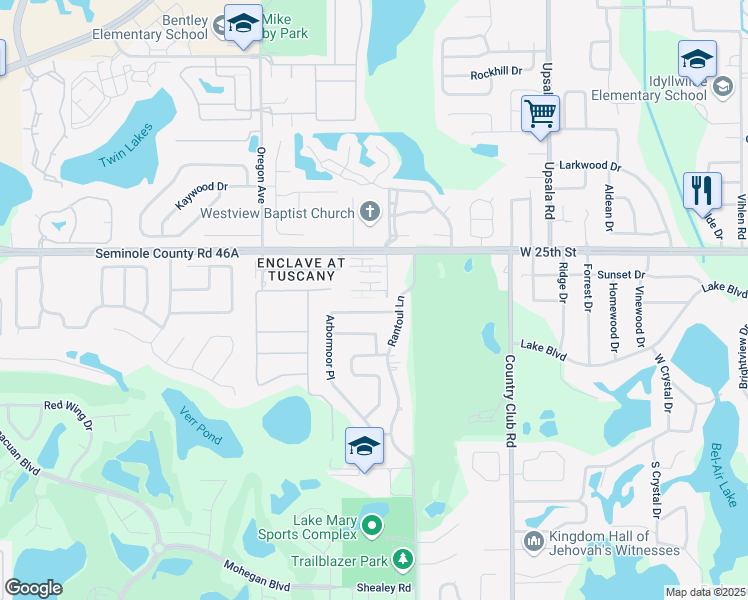 map of restaurants, bars, coffee shops, grocery stores, and more near 401 Dorchester Square in Lake Mary
