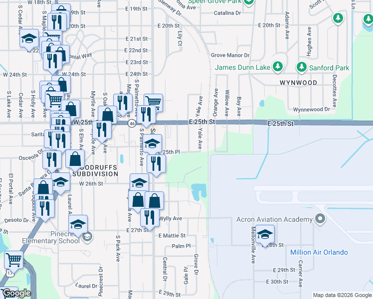 map of restaurants, bars, coffee shops, grocery stores, and more near 2536 Princeton Avenue in Sanford