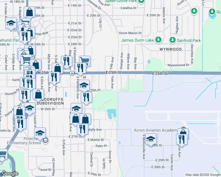 map of restaurants, bars, coffee shops, grocery stores, and more near 2520 Yale Avenue in Sanford