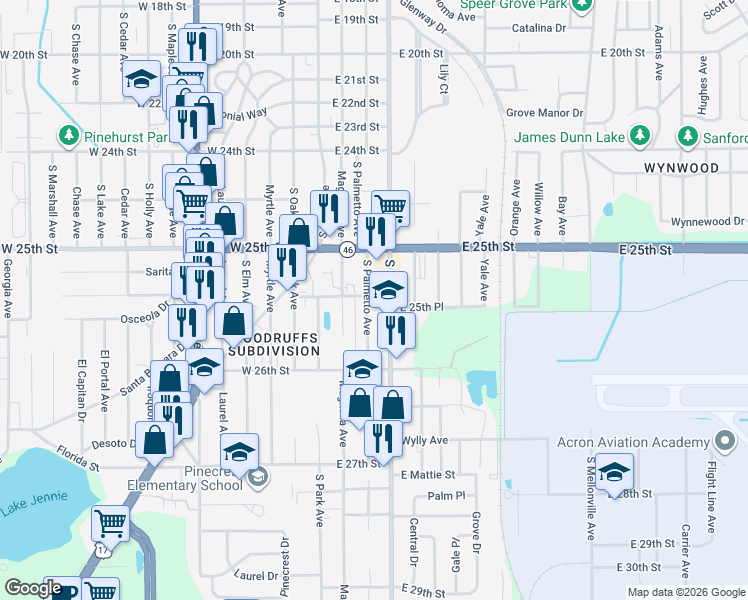 map of restaurants, bars, coffee shops, grocery stores, and more near 2535 South Palmetto Avenue in Sanford